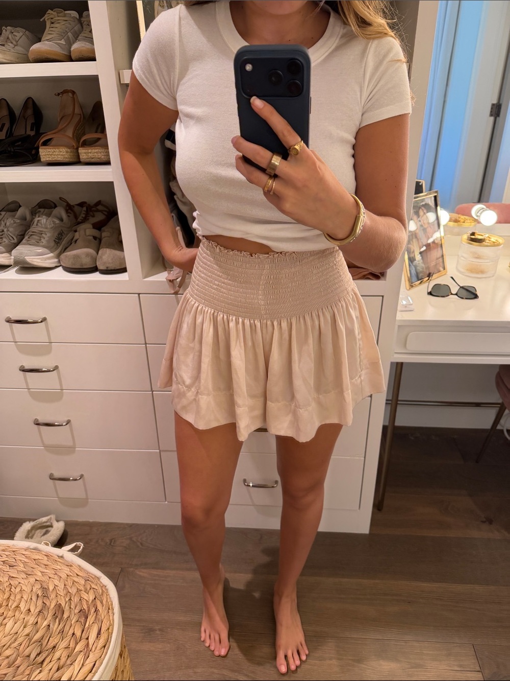 Smocked-Waist Mini Skort in Light Beige